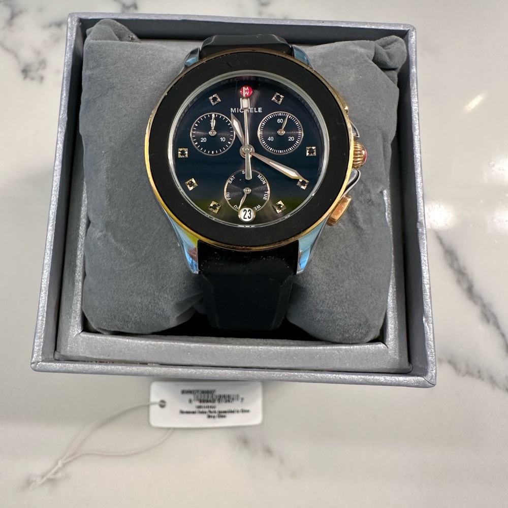 Like New ~ Michele Cape Chrono Black & Gold watch